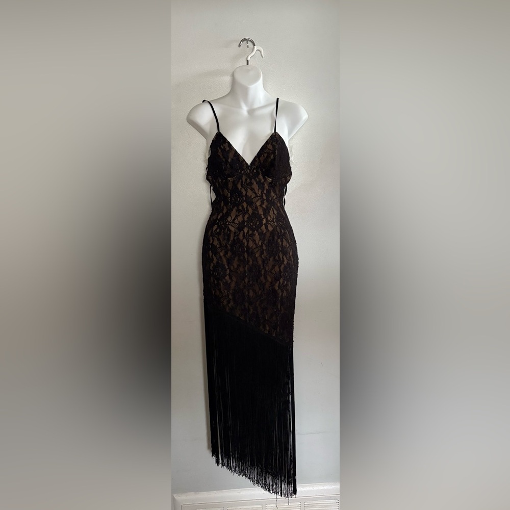 Vintage Black Lace Maxi Dress with Fringe Hem